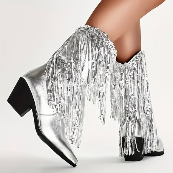 New Fringe Shiny Silver Cowboy Cowgirl Boots Metallic Pointed Toe Tassel Heel - Picture 4 of 16